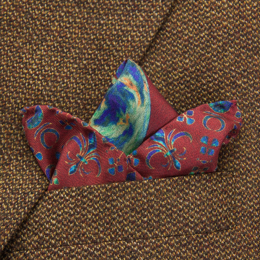 Fleur De Lis Pocket Square with Burgundy, Aqua Green and Clematis Blue ...