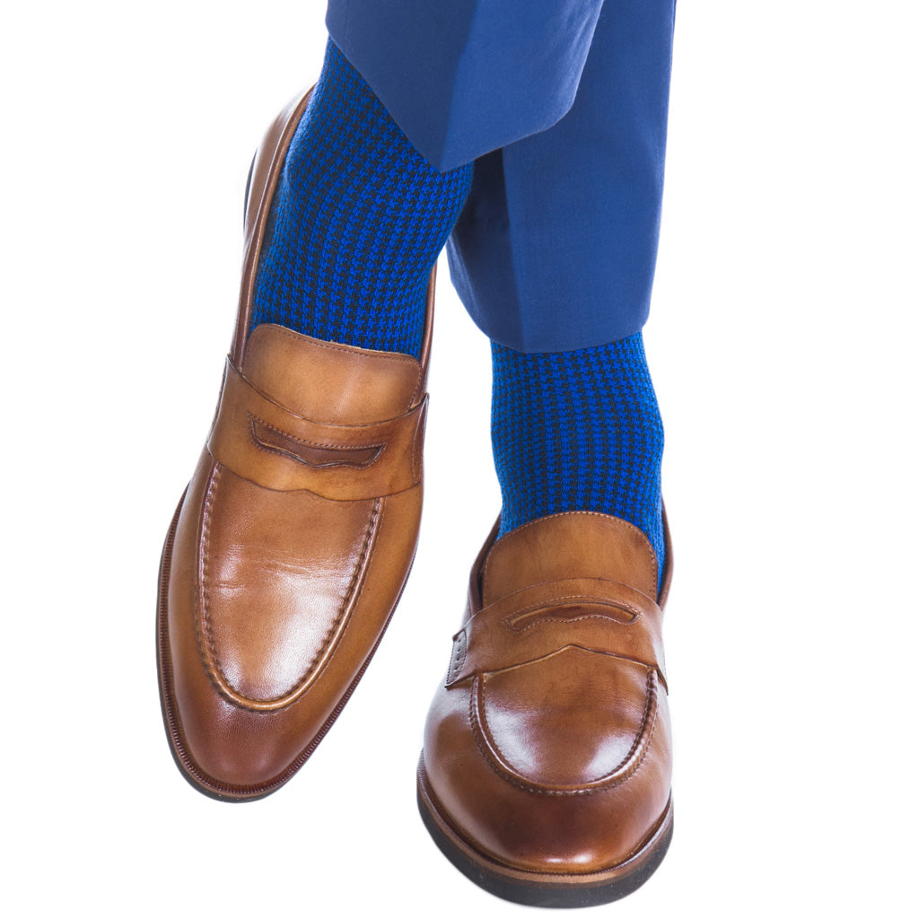 Men's-Sock-Black-Colbalt-Blue-Houndstooth-Wool-Sock