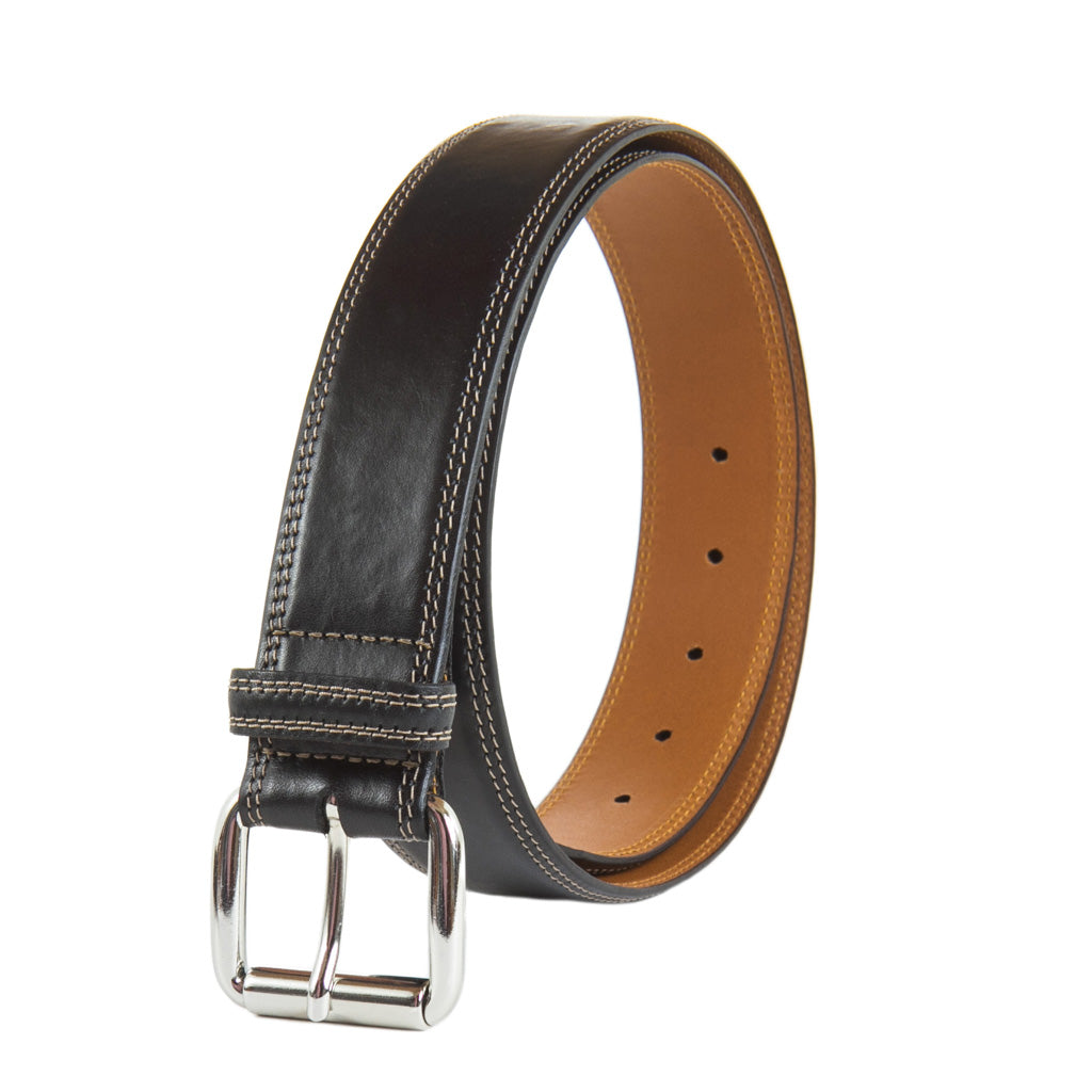 Black Italian Leather Belt With Nickel Roller Buckle