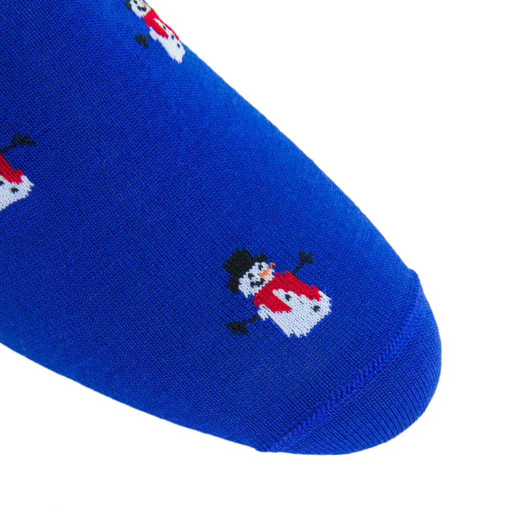 Coblat Blue with White, Red and Black Merino Wool Snowman Sock Linked Toe Mid-calf