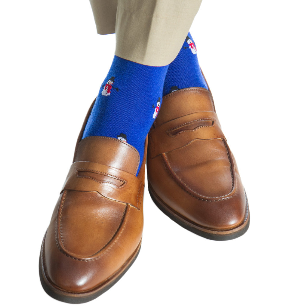 Coblat Blue with White, Red and Black Merino Wool Snowman Sock Linked Toe Mid-calf