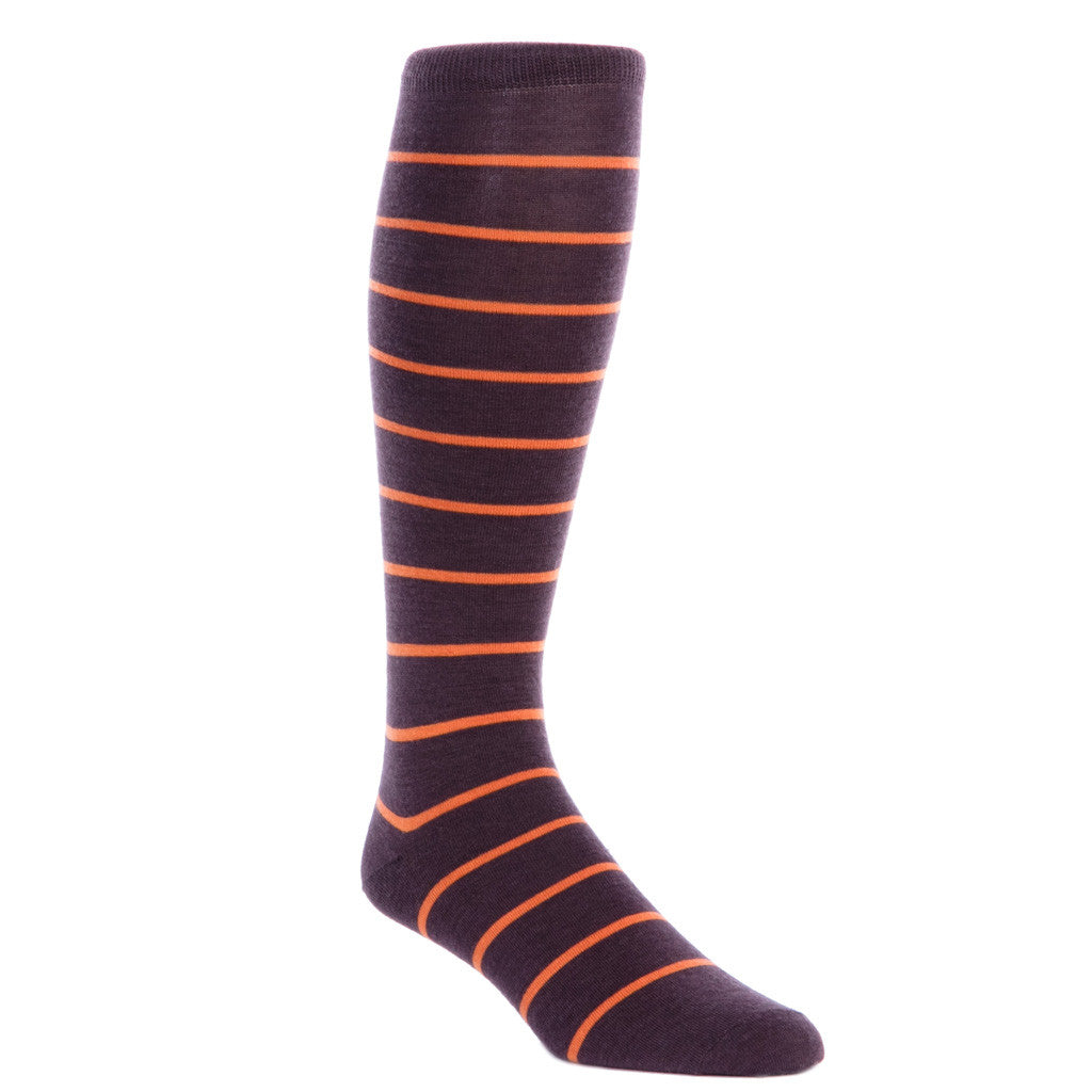 Brown with Burnt Orange Stripe Fine Merino Wool Socks (OTC) - over-the-calf - dapper-classics 