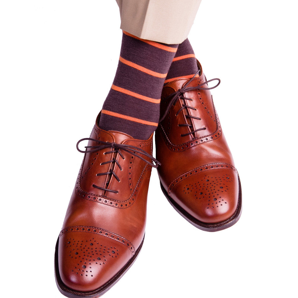 Brown with Burnt Orange Stripe Fine Merino Wool Socks (OTC) - over-the-calf - dapper-classics 