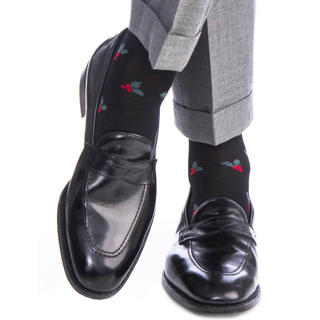 Black, Red and Green Holly Cotton Linked Toe Mid-Calf - mid-calf - dapper-classics