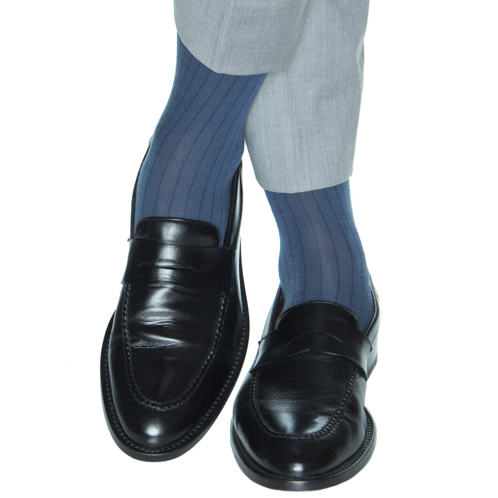 Bay Blue Solid Ribbed Fine Merino Wool Sock Linked Toe Mid-Calf ...