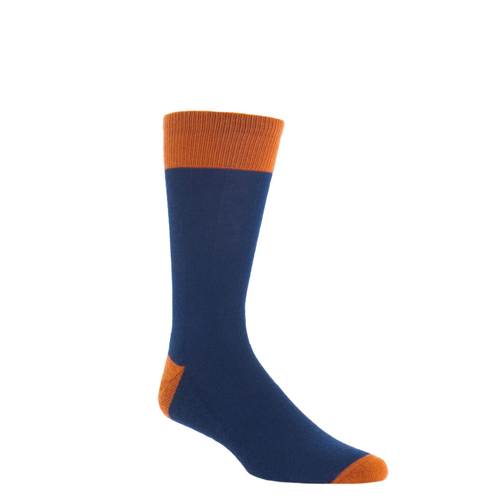 Dress Navy with burnt orange heel and toe tipping wide ribbed crew length sock