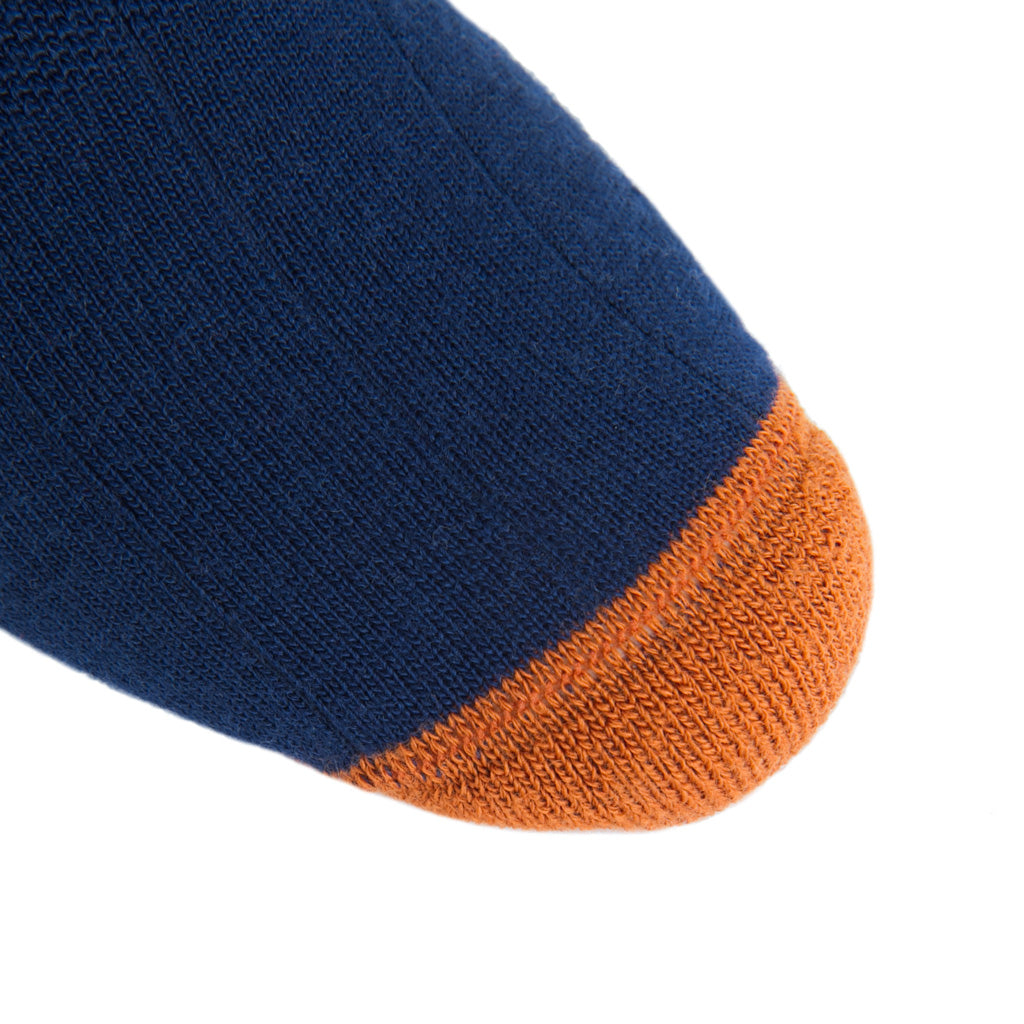 linked-toe Dress Navy with burnt orange heel and toe tipping wide ribbed crew length sock