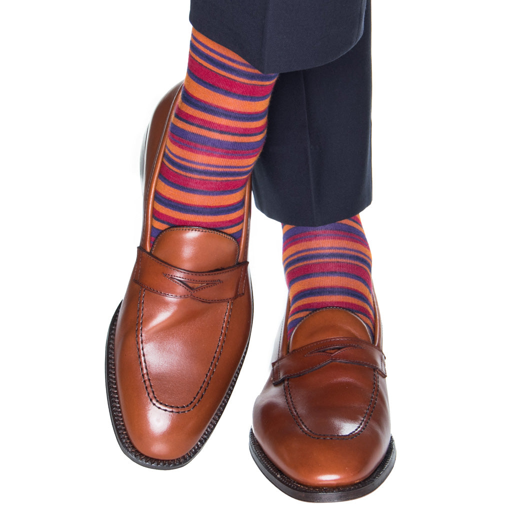 Orange mens socks with red and navy stripes fine merino wool USA ...