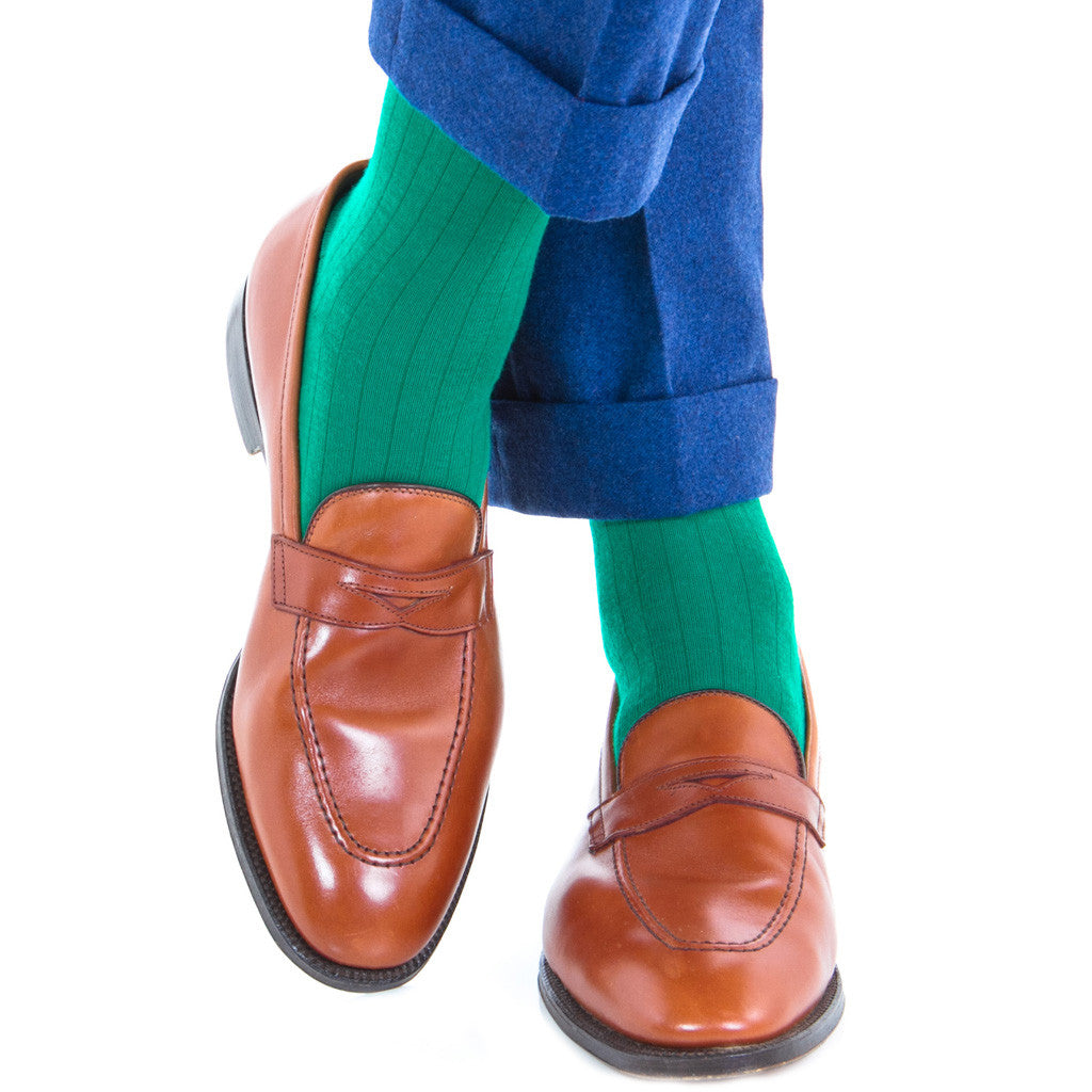 Marine Green Ribbed Solid Sock Fine Merino Wool Linked Toe Mid-Calf - mid-calf - dapper-classics - 3